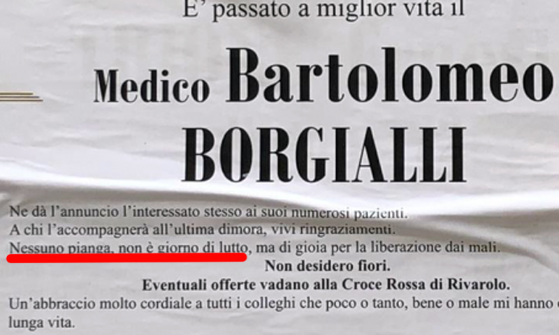 Medico Muore E Si Scrive Il Manifesto Funebre Nessuno Pianga Non E Giorno Di Lutto