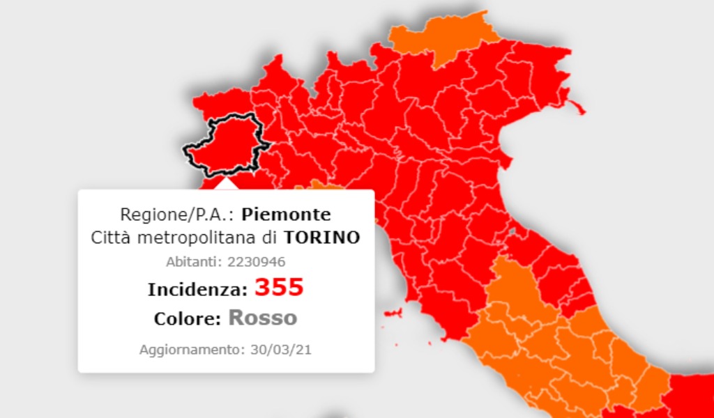 L’incidenza dei contagi cala, ma il Piemonte rimane sempre da zona rossa: Torino sopra quota 350