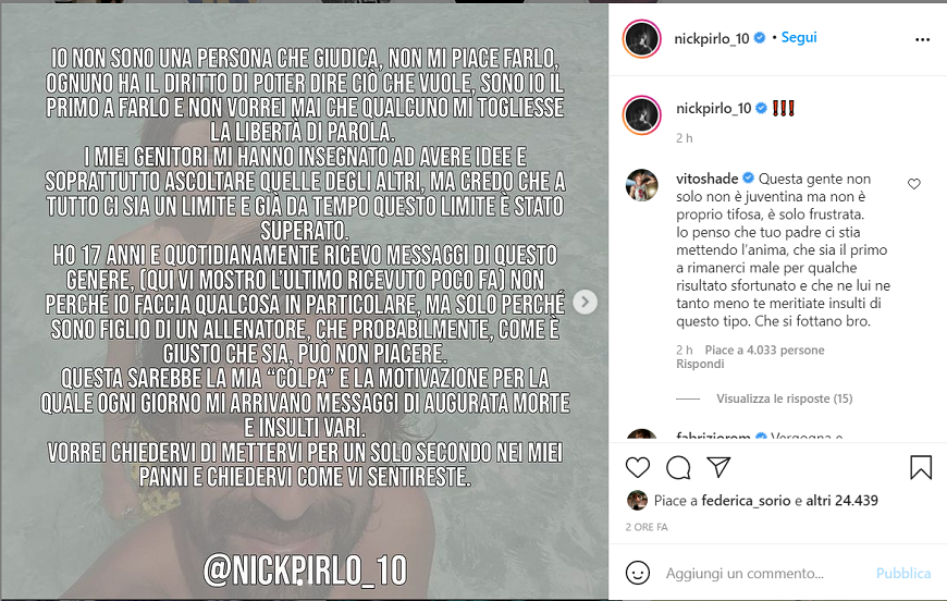 Sedicente tifoso juventino augura la morte a Niccolò Pirlo