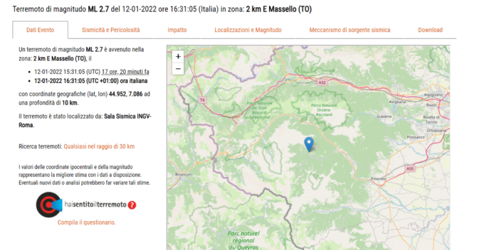 Massello, lieve scossa di terremoto nella giornata di ieri
