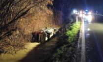 Fiat Panda esce di strada e si ribalta sul lato in un canale