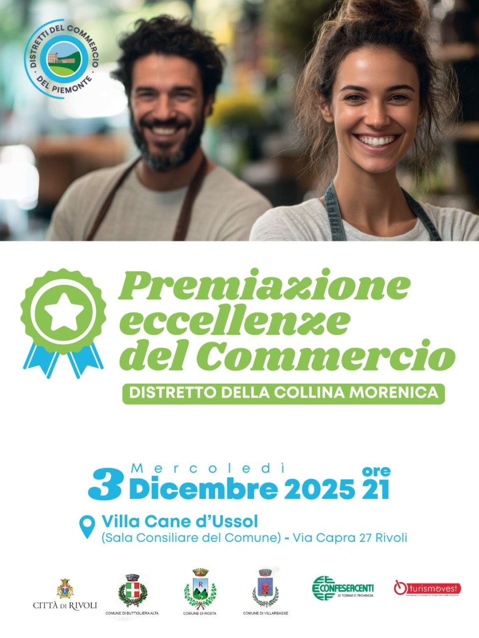 Rivoli, Rosta, Buttigliera Alta e Villarbasse tornano a riunirsi per la Serata di Premiazione delle Eccellenze del Commercio della Collina Morenica