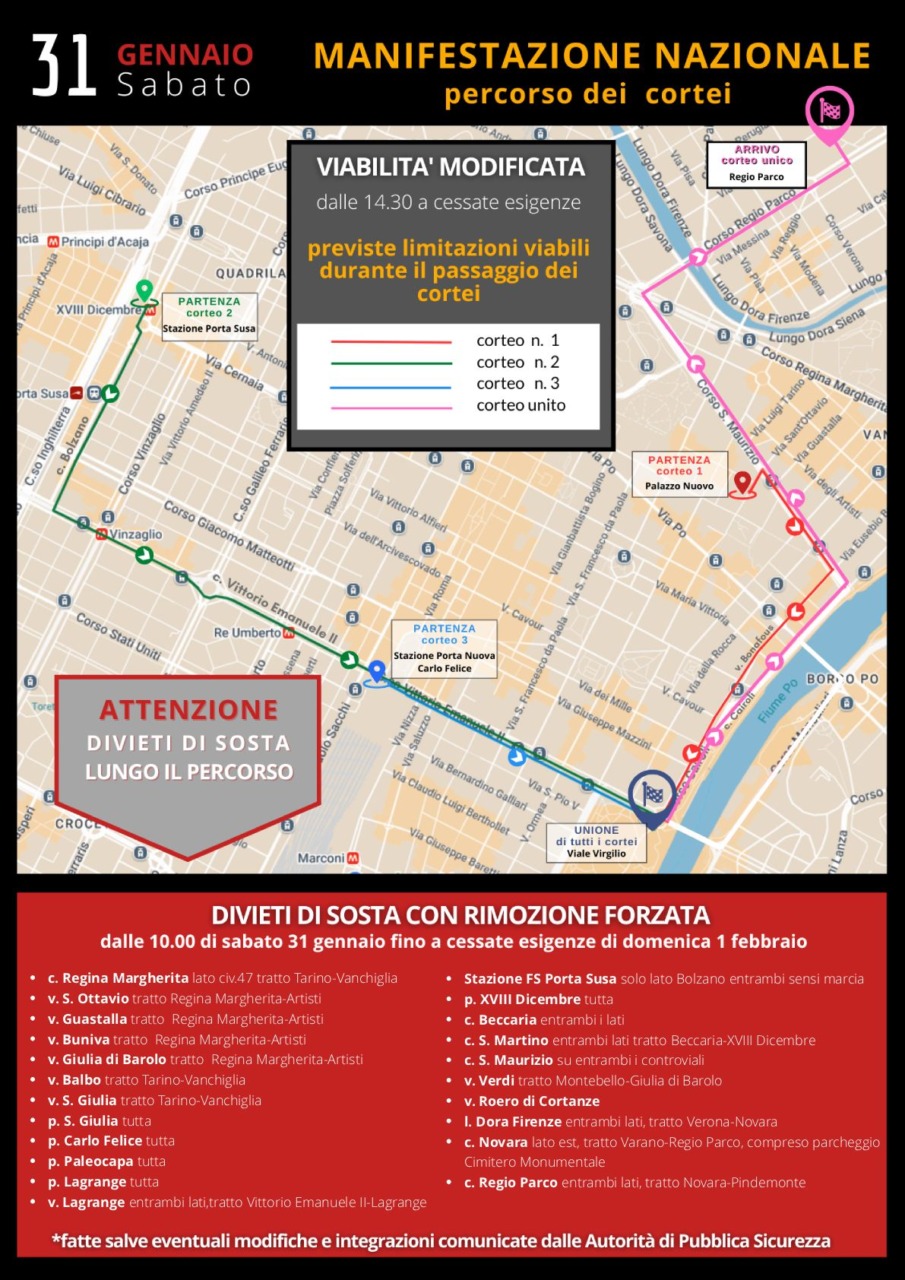 Manifestazione di domani in centro a Torino, limitazioni al traffico