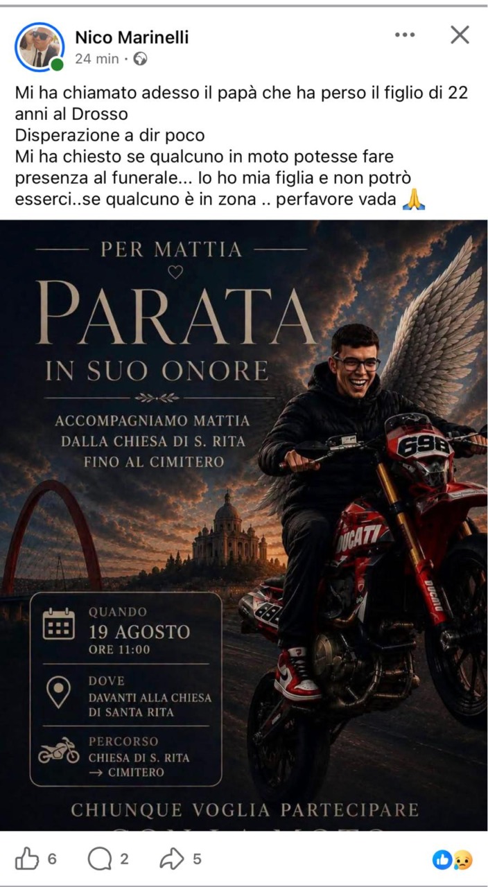 Parata in moto per Mattia, il 22enne morto nell’incidente sulla tangenziale Sud